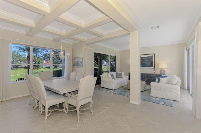 sunroom / solarium featuring a chandelier, beamed ceiling, coffered ceiling, and visible vents