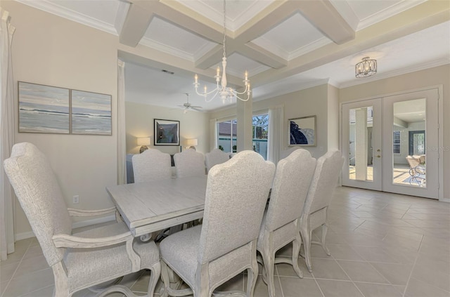 dining space with light tile patterned flooring, coffered ceiling, french doors, beamed ceiling, and an inviting chandelier