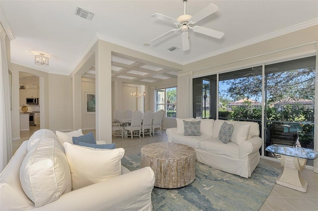 sunroom / solarium with coffered ceiling, visible vents, beamed ceiling, and ceiling fan with notable chandelier