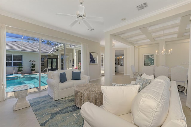 living room featuring light tile patterned floors, visible vents, coffered ceiling, crown molding, and beam ceiling