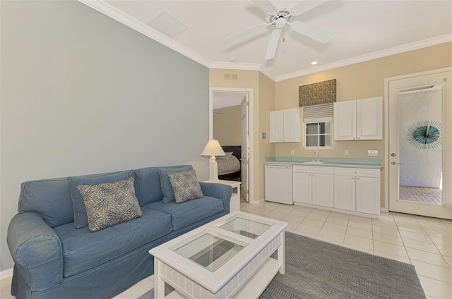 living room featuring ornamental molding, light tile patterned flooring, ceiling fan, and visible vents