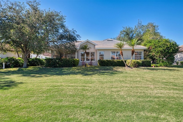 ranch-style home featuring a front lawn and stucco siding