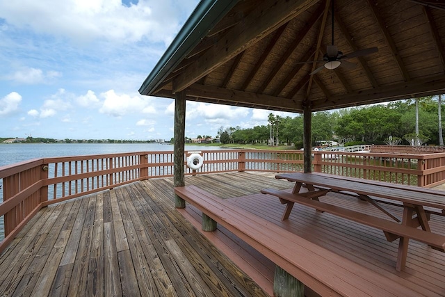 dock area with a gazebo and a deck with water view