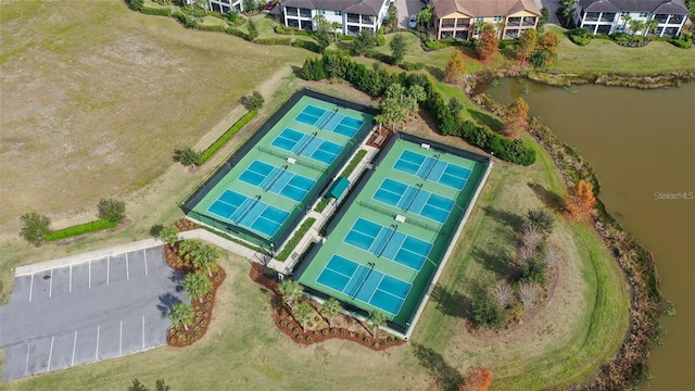 drone / aerial view featuring a water view