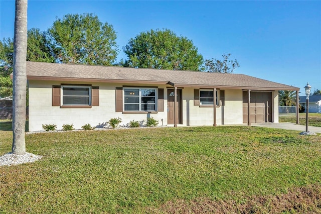 ranch-style house with a front yard and a garage