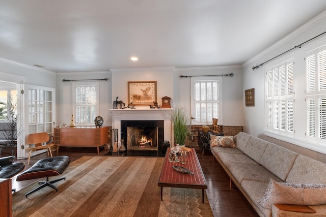 living area with a lit fireplace, crown molding, a wealth of natural light, and wood finished floors