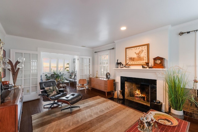 living area featuring ornamental molding, a warm lit fireplace, and dark wood finished floors