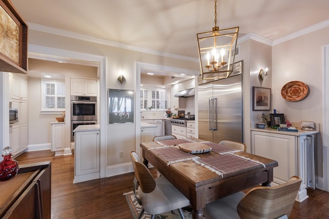 dining area featuring crown molding, dark wood-type flooring, and a chandelier