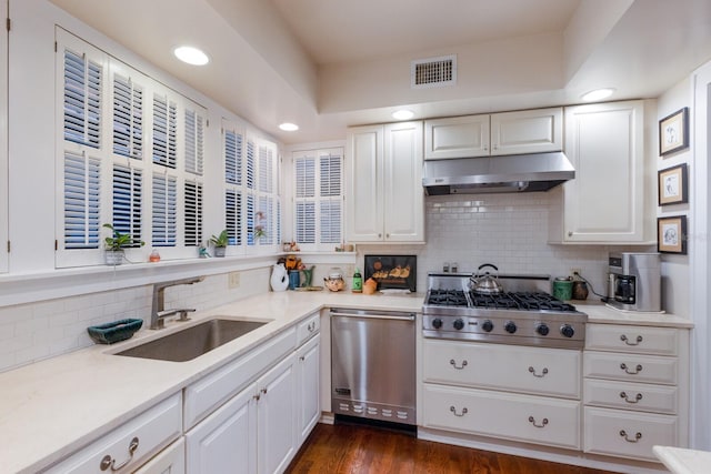 kitchen featuring under cabinet range hood, stainless steel appliances, white cabinetry, visible vents, and light countertops