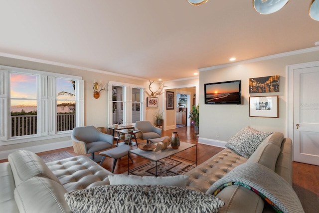 living room with dark hardwood / wood-style flooring and crown molding