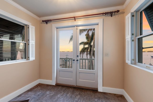 doorway to outside featuring ornamental molding, french doors, dark wood-type flooring, and baseboards