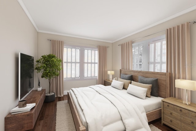 bedroom with ornamental molding and dark wood-style flooring