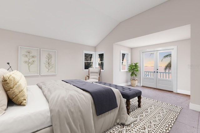 bedroom featuring lofted ceiling, access to outside, baseboards, and french doors