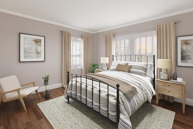 bedroom featuring ornamental molding and dark wood-type flooring