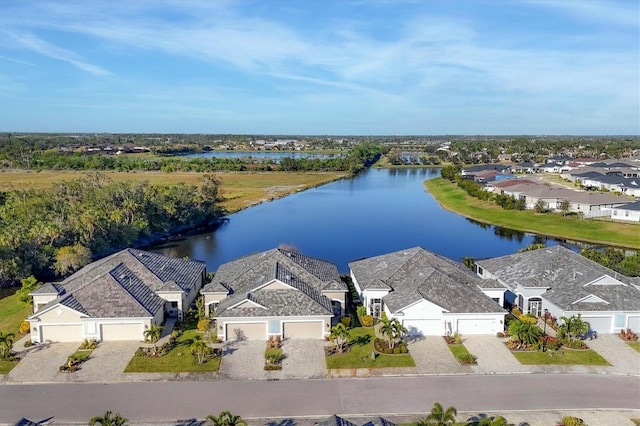 bird's eye view with a water view