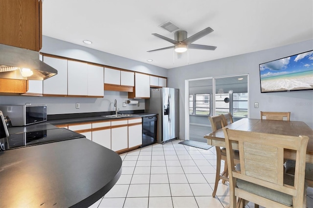 kitchen with white cabinets, black appliances, sink, ceiling fan, and extractor fan