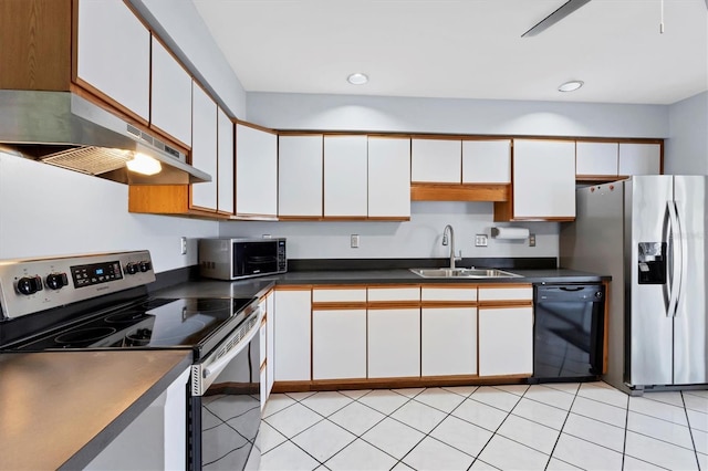 kitchen with stainless steel appliances, white cabinetry, and sink