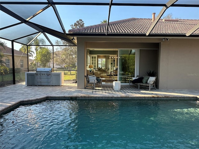 pool featuring a patio, a grill, and glass enclosure