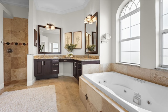 bathroom featuring ornamental molding, tile patterned floors, a jetted tub, walk in shower, and vanity