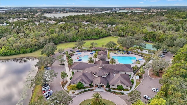 aerial view featuring a water view