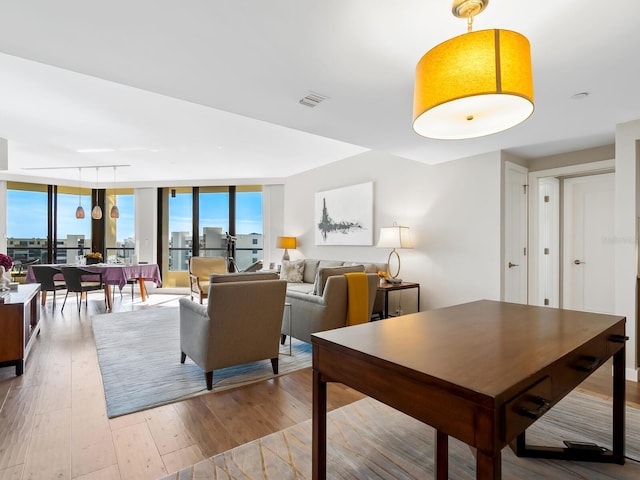 living room with light hardwood / wood-style flooring and floor to ceiling windows