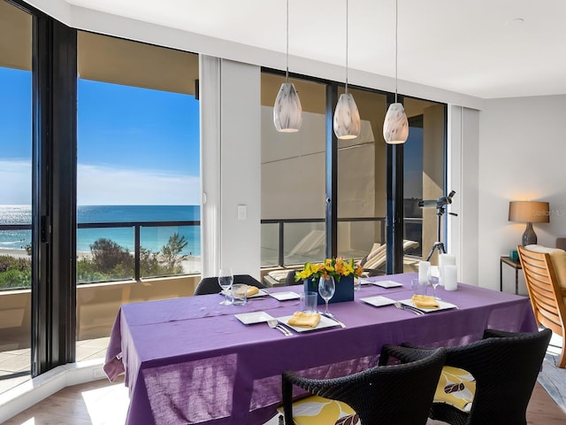 dining space with wood-type flooring and a water view