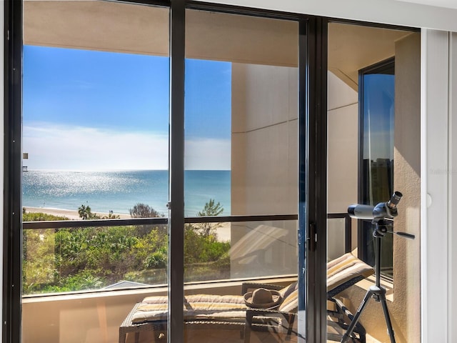 interior space featuring a beach view