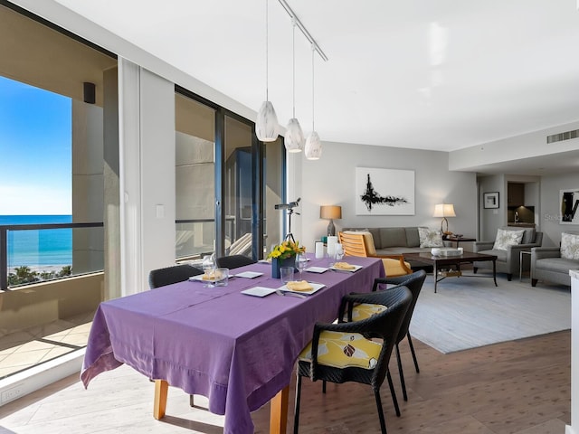 dining room with a water view, track lighting, and hardwood / wood-style flooring