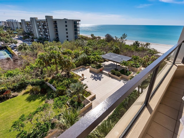 aerial view with a water view and a view of the beach