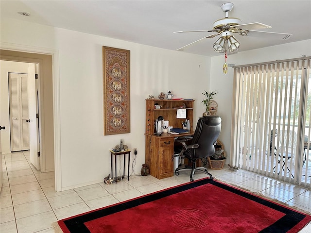 tiled office with ceiling fan