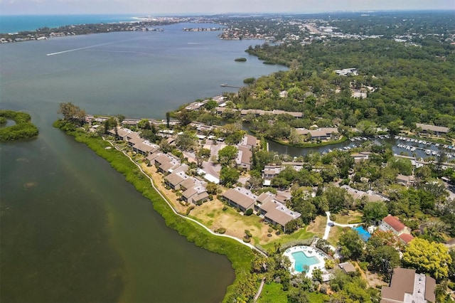 aerial view featuring a water view