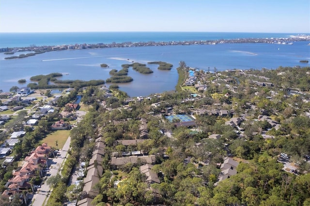 aerial view featuring a water view