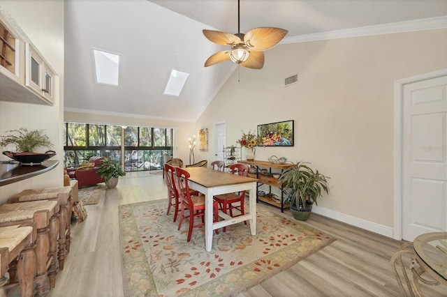 dining space featuring wood finished floors, visible vents, baseboards, a skylight, and crown molding