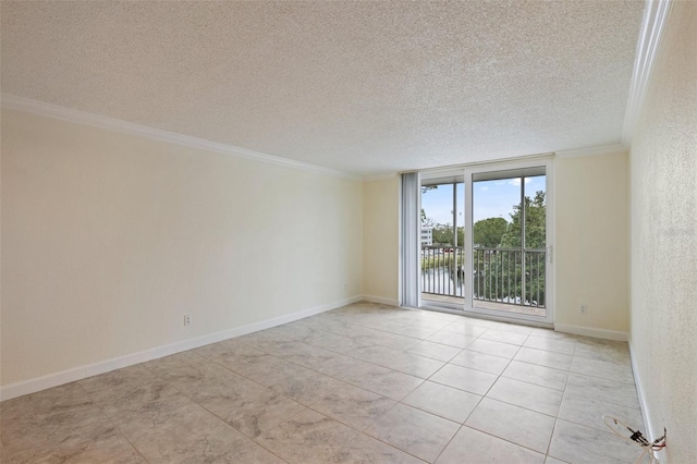 unfurnished room with a textured ceiling, a water view, crown molding, and light tile patterned flooring