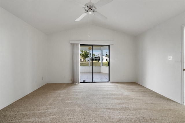 unfurnished room with ceiling fan, light colored carpet, and vaulted ceiling