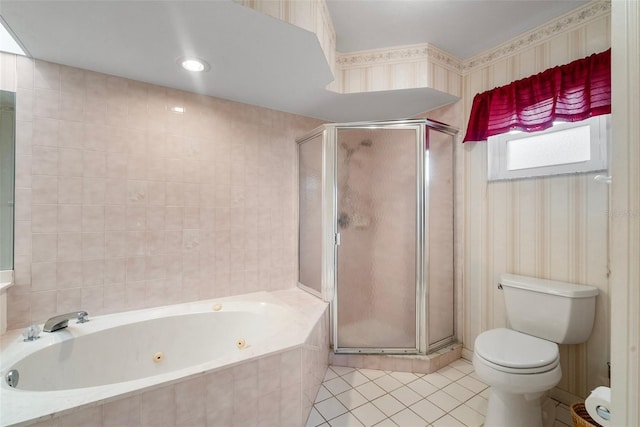 bathroom with tile patterned flooring, toilet, tile walls, and independent shower and bath