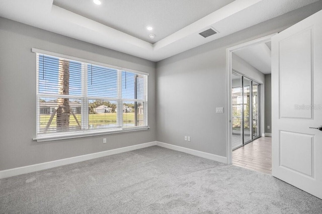 carpeted spare room with a tray ceiling, visible vents, and plenty of natural light