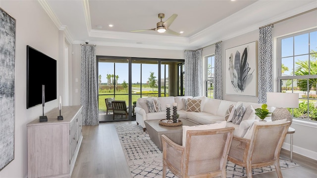 living room featuring ornamental molding, a raised ceiling, ceiling fan, and light wood-type flooring