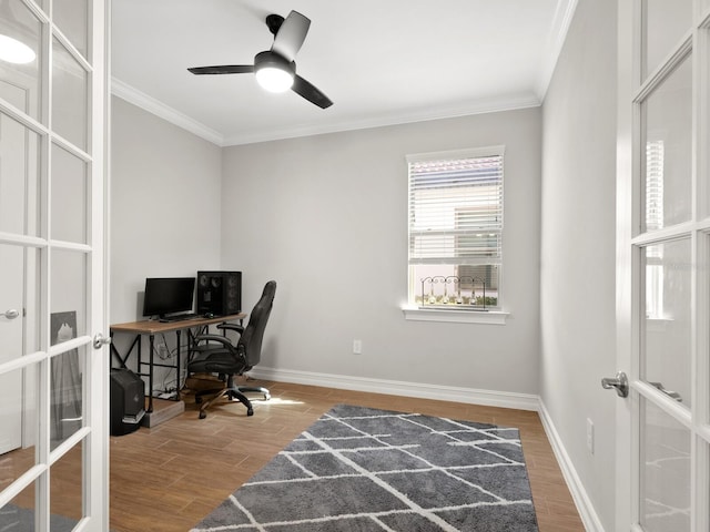 office space with hardwood / wood-style flooring, ceiling fan, crown molding, and french doors