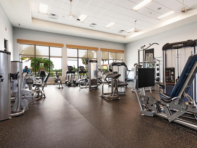 workout area with a raised ceiling and a wealth of natural light