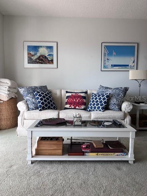 carpeted living room featuring a textured ceiling