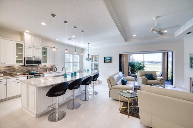 kitchen featuring a tray ceiling, a kitchen island with sink, white cabinetry, and appliances with stainless steel finishes