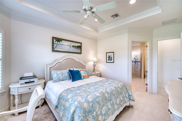 bedroom with a raised ceiling, ceiling fan, crown molding, and light tile patterned floors