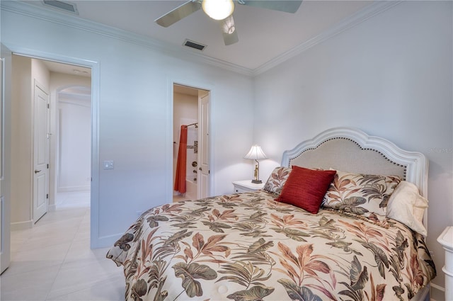 bedroom featuring ceiling fan, crown molding, and light tile patterned flooring