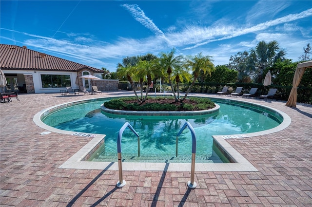 view of swimming pool featuring a patio area