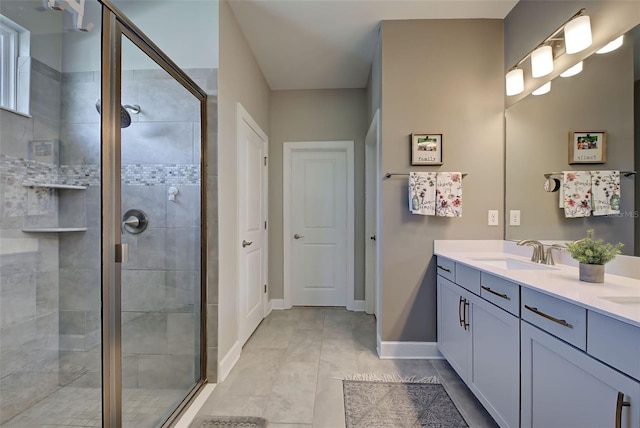 bathroom featuring tile patterned flooring, vanity, and walk in shower