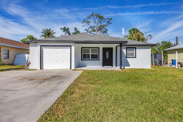 single story home with a front yard, roof with shingles, stucco siding, a garage, and driveway