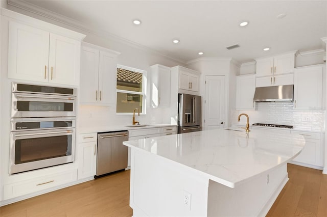 kitchen featuring white cabinetry, stainless steel appliances, an island with sink, decorative backsplash, and sink