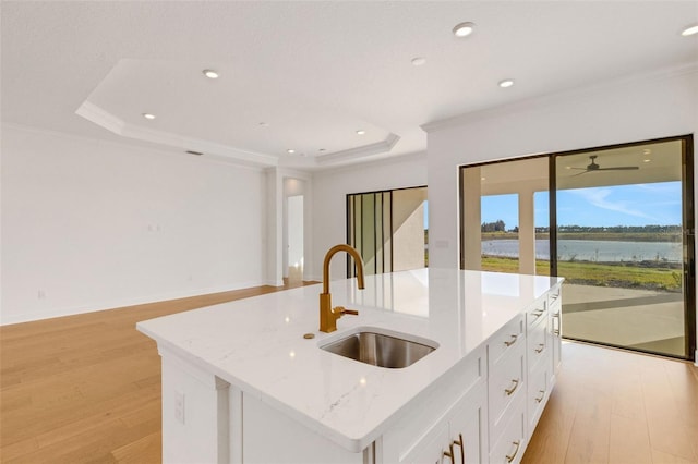 kitchen featuring a water view, sink, an island with sink, and a raised ceiling