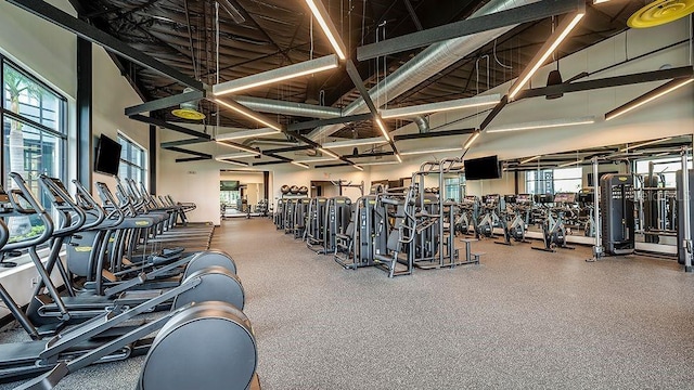 gym with a towering ceiling